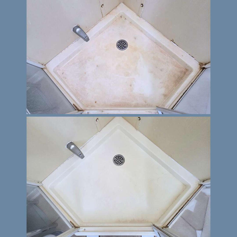 This shower with soap scum and pink mold (bacteria build up) was cleaned with bleach. And the glass with hard water stains was cleaned with vinegar (after!)