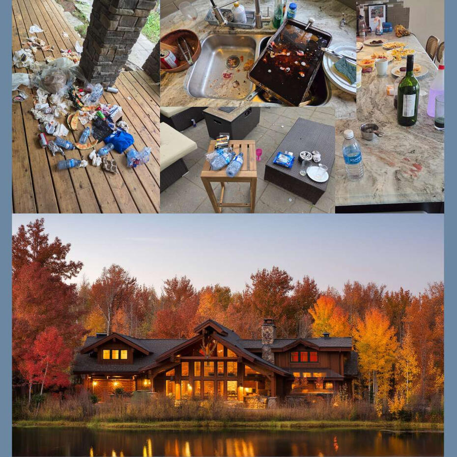 An Airbnb cleaning (the mess photos are real, the Airbnb photo is AI generated)